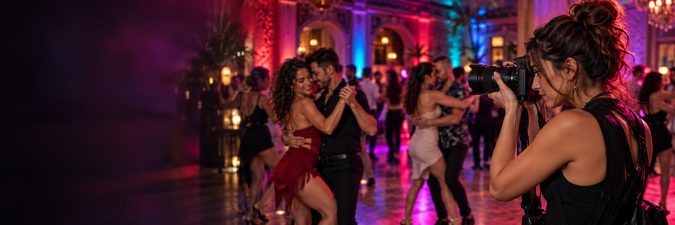 Fotografa al lavoro durante una serata di salsa.