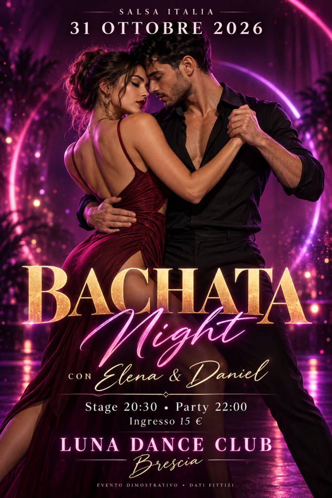 Esempio di locandina Bachata Night per una serata di bachata, con dati fittizi