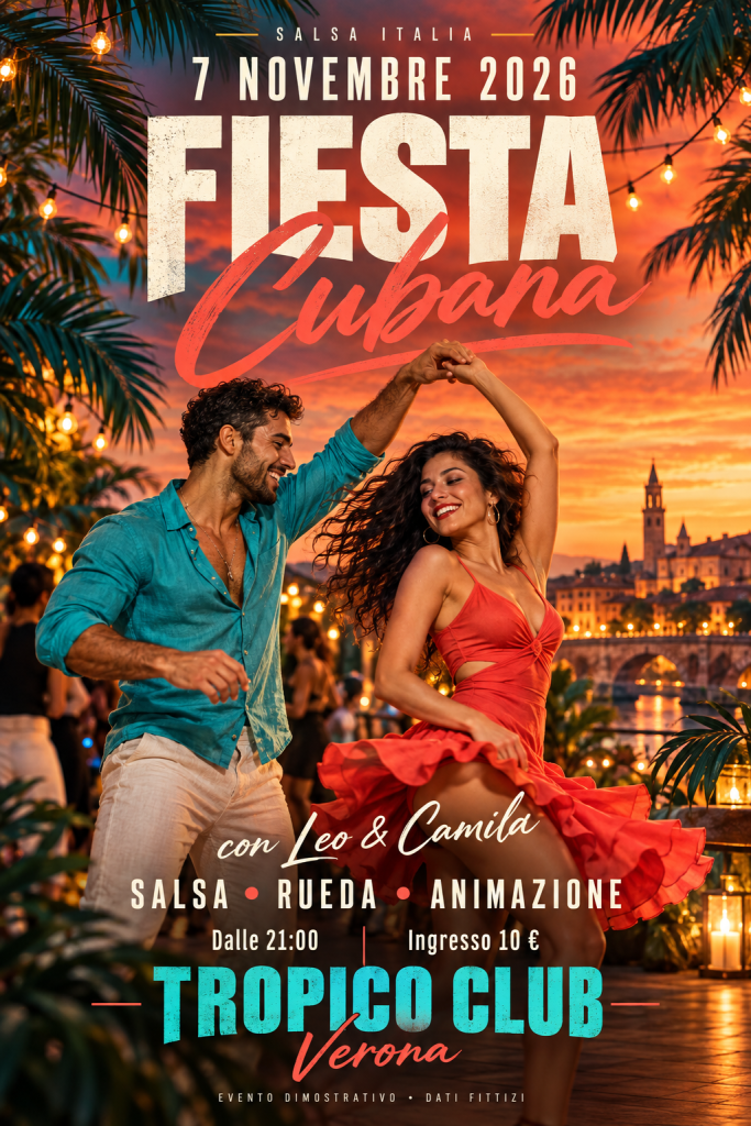 Esempio di locandina Fiesta Cubana per una serata di musica e ballo cubano, con dati fittizi