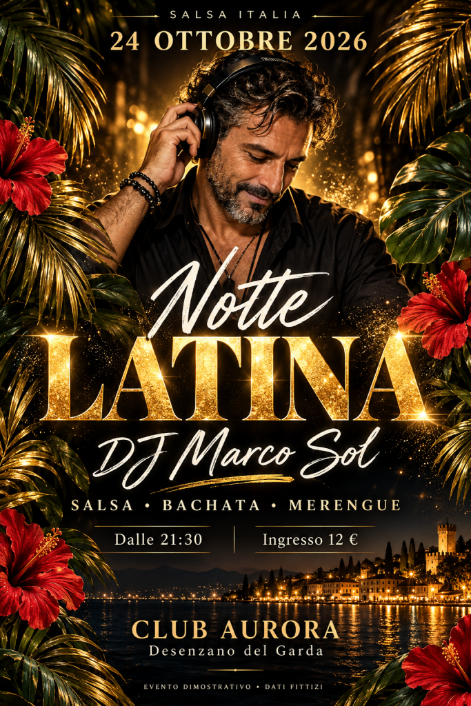 Esempio di locandina Notte Latina per una serata di balli latini, con dati fittizi