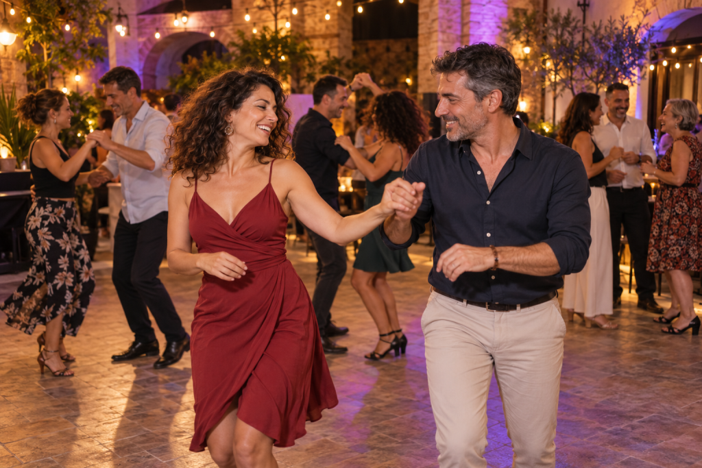 Coppie di adulti si divertono ballando durante una serata latina